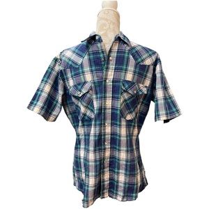 WRANGLER Vintage Pearl Snap Western Shirt Sz Medium Blue Plaid Extra Long Tails